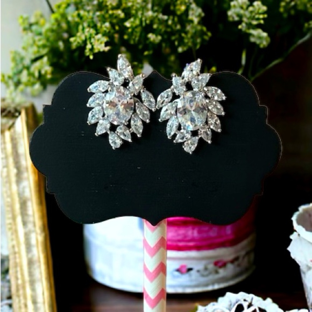 NWT Stunning Silver Diamond Cluster Stud Earrings